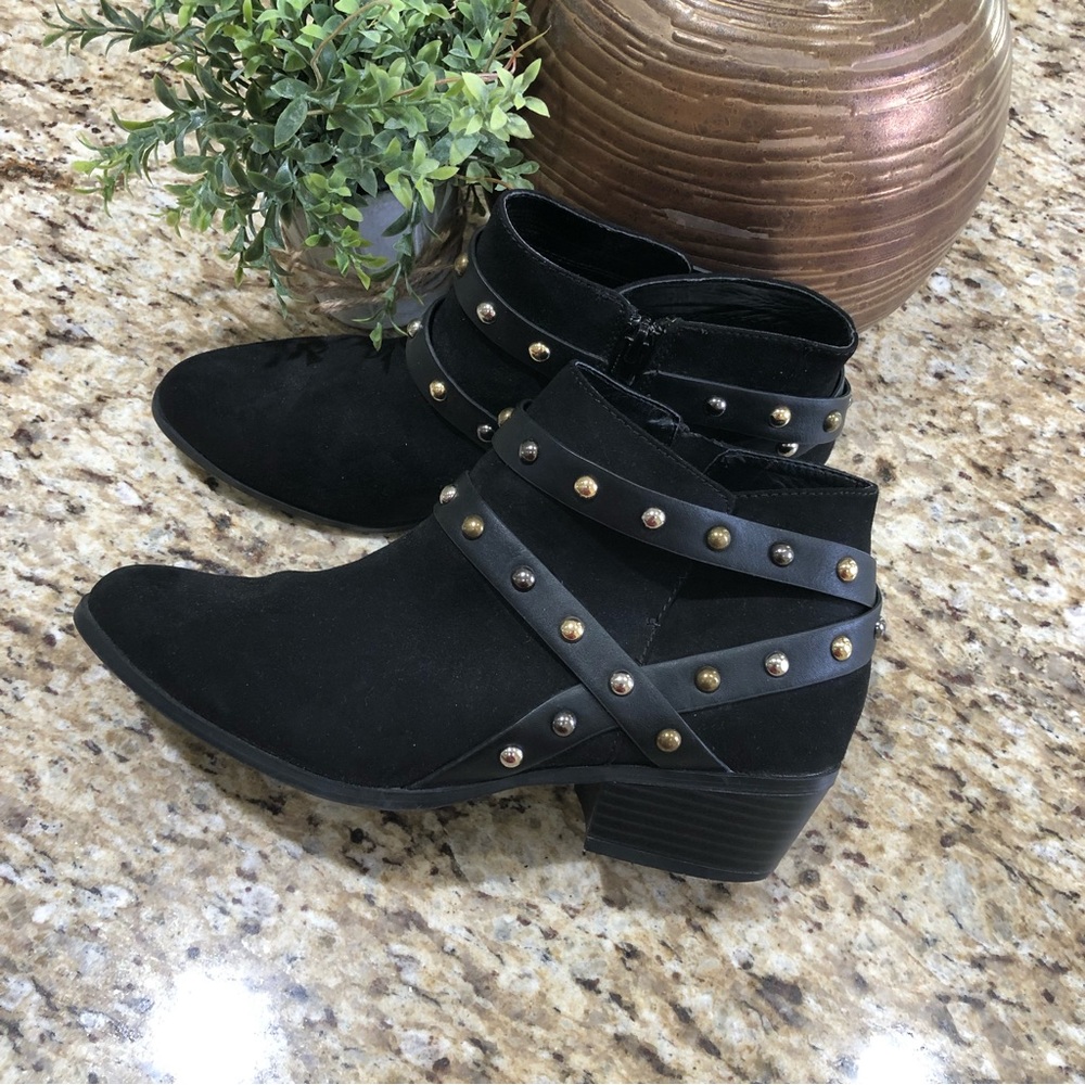 Express Black Suede-like Studded Ankle Block Heel Boots 9